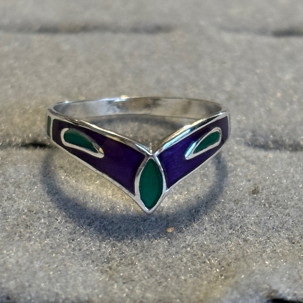Silver Ring with Purple and Green Enamel Sz. 5 1/8